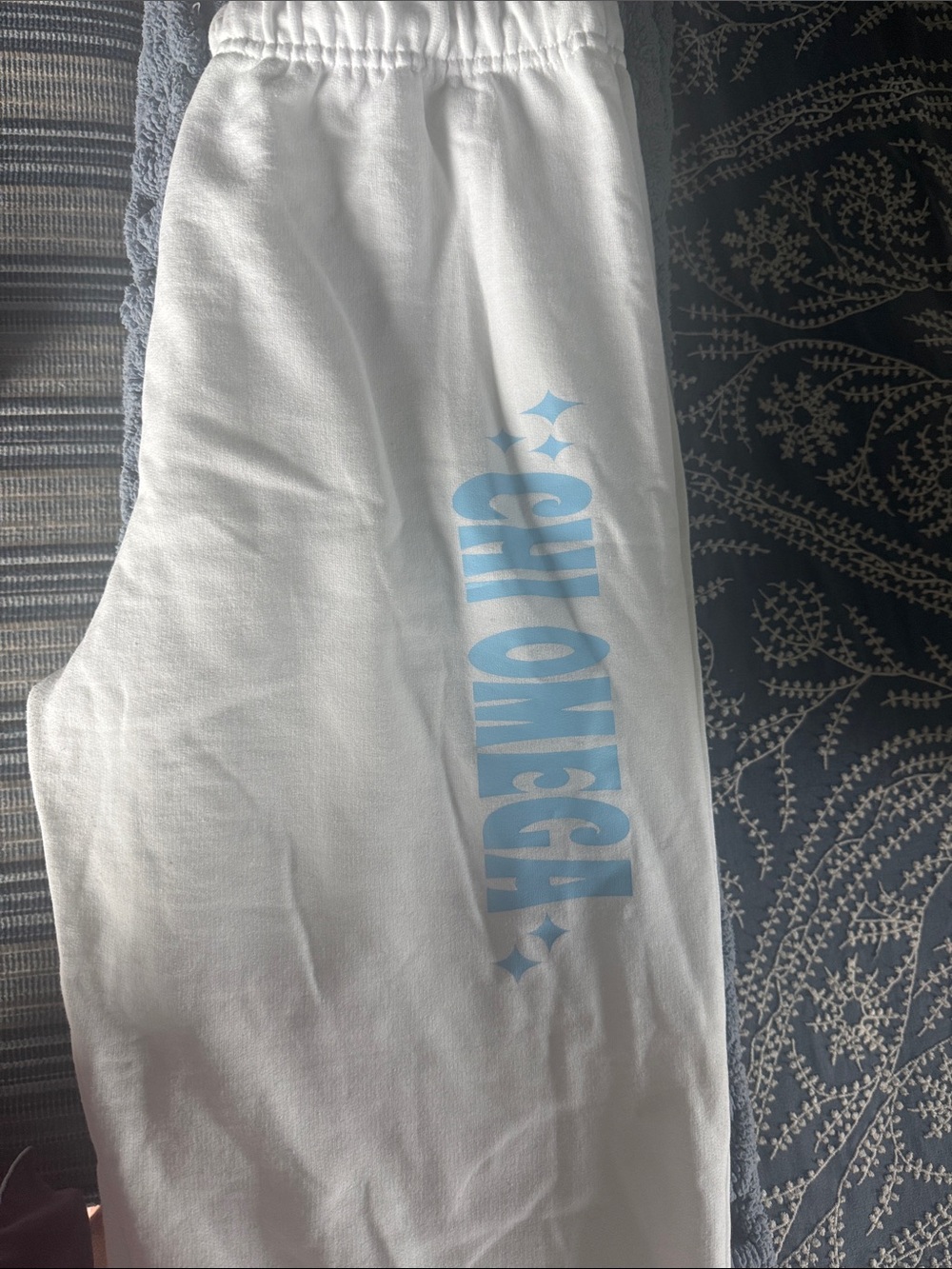 White Sweatpants with Sky Blue 'CHI OMEGA' Lettering - never worn